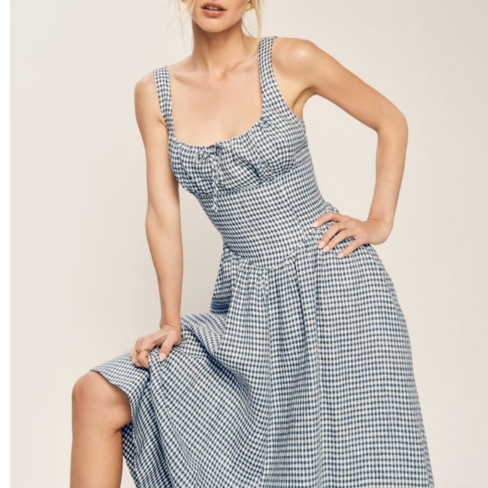 Reformation Balia Linen Midi Dress Sz2 Slate Check